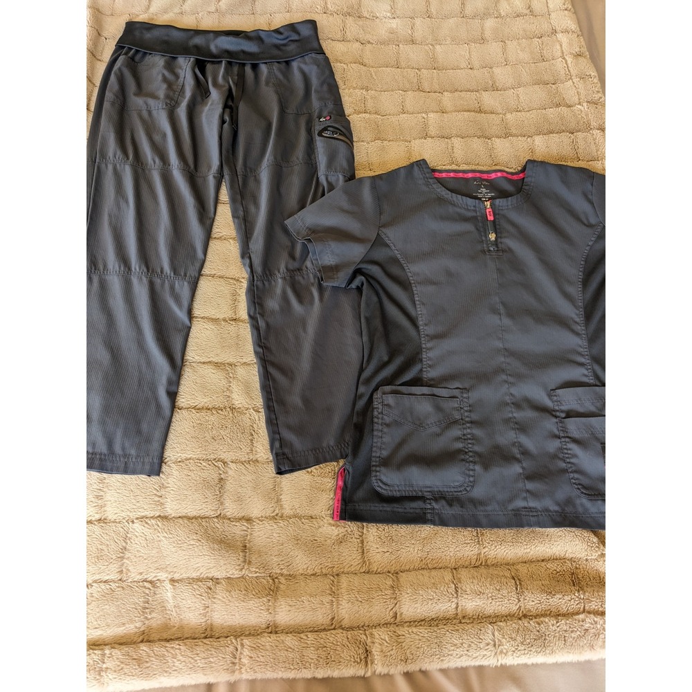 Koi Lite Womens Scrub Set Large Gray Pink Zip Front Top Cargo Pants Dobby Slim